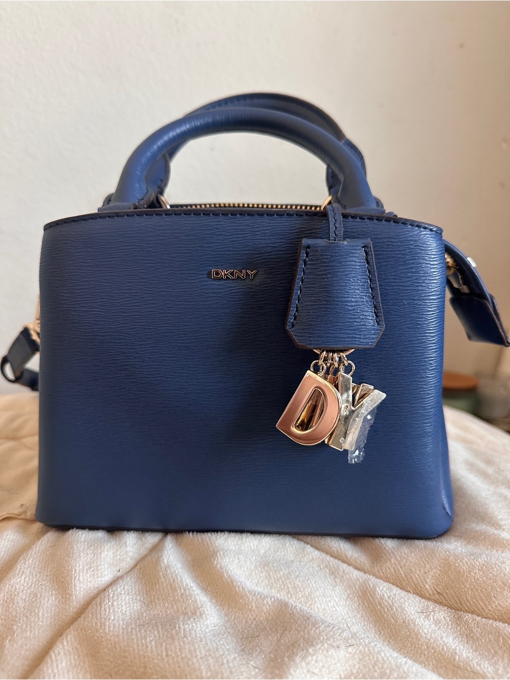 DKNY Navy Leather Mini Satchel with Gold Charms